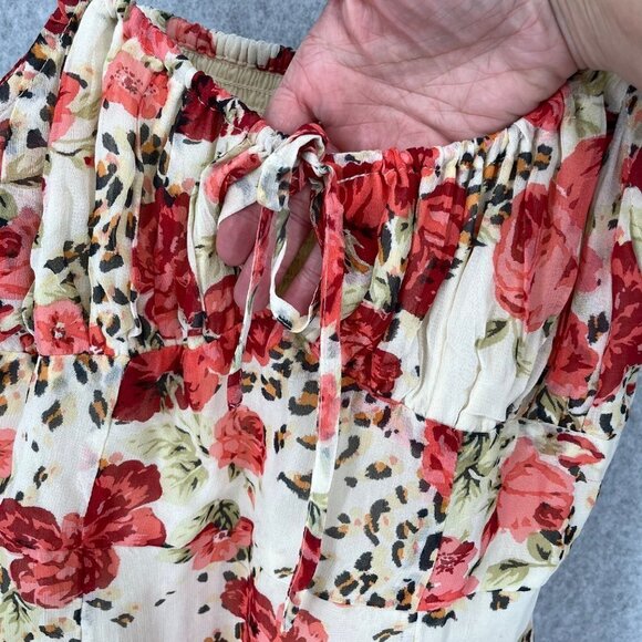 Urban Outfitters Women Kamaryn Mini Dress Size L Floral Red Cream Ruched Y2K NEW - Picture 4 of 14